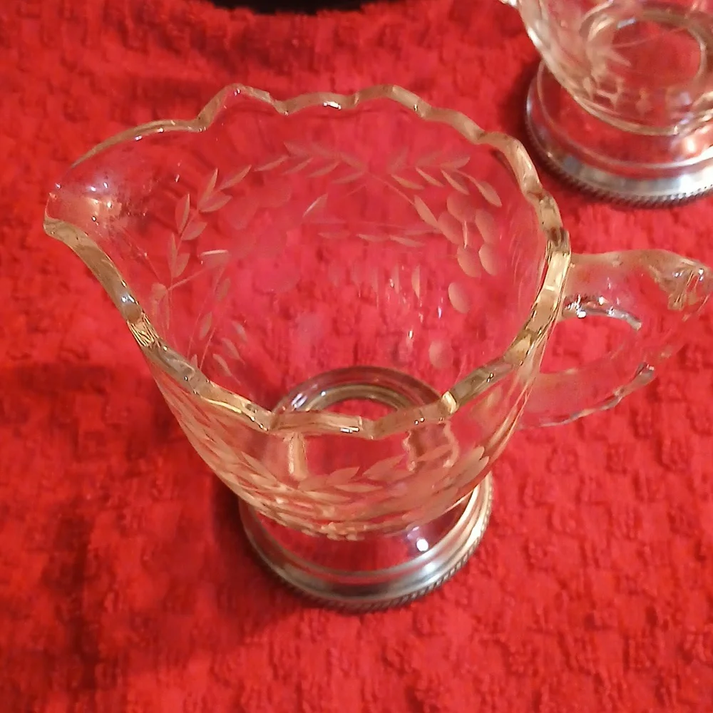 Vintage Cambridge Crystal Glass Sugar & Creamer W/Sterling Silver Base
